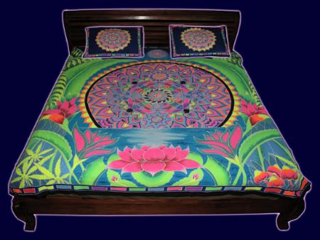 Parure de lit 2 places psychédélique UV fluo : Mandala Rising