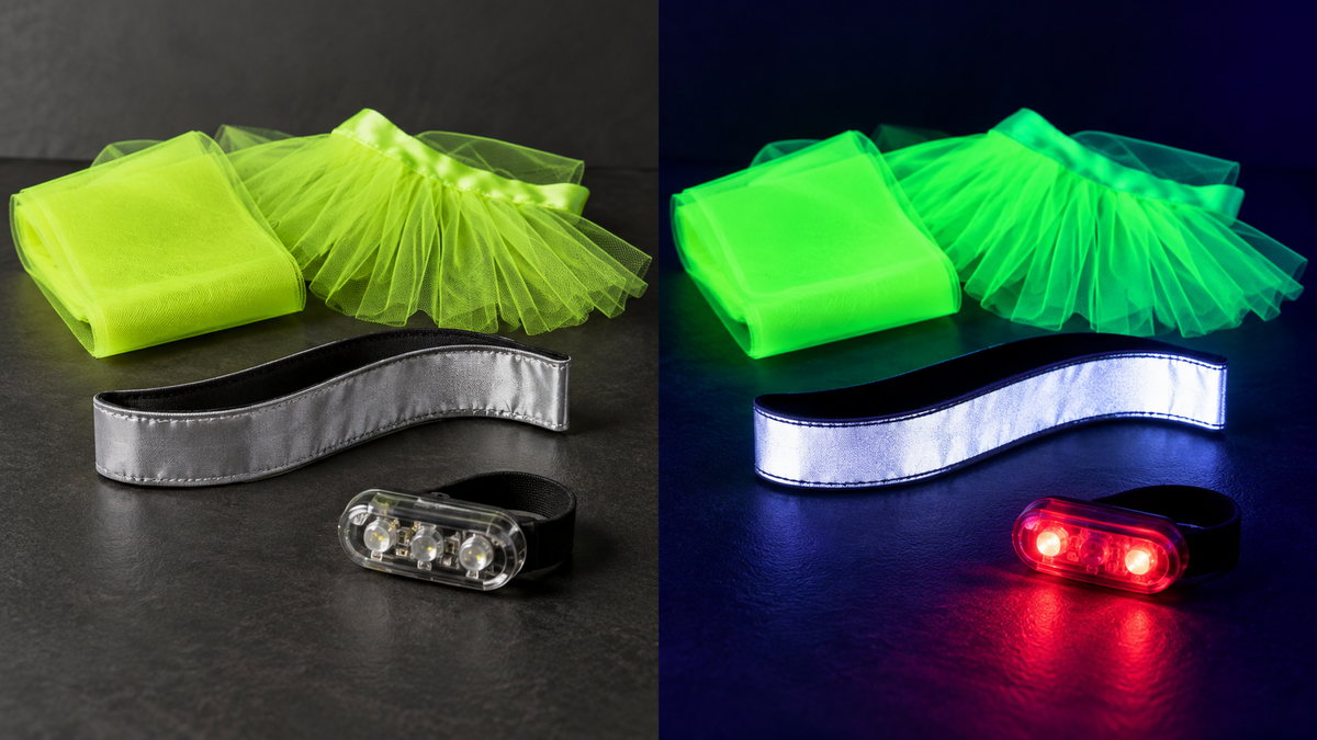 Comparaison sous lumière normale et UV d’un textile fluorescent, d’une bande réfléchissante et d’un accessoire LED.