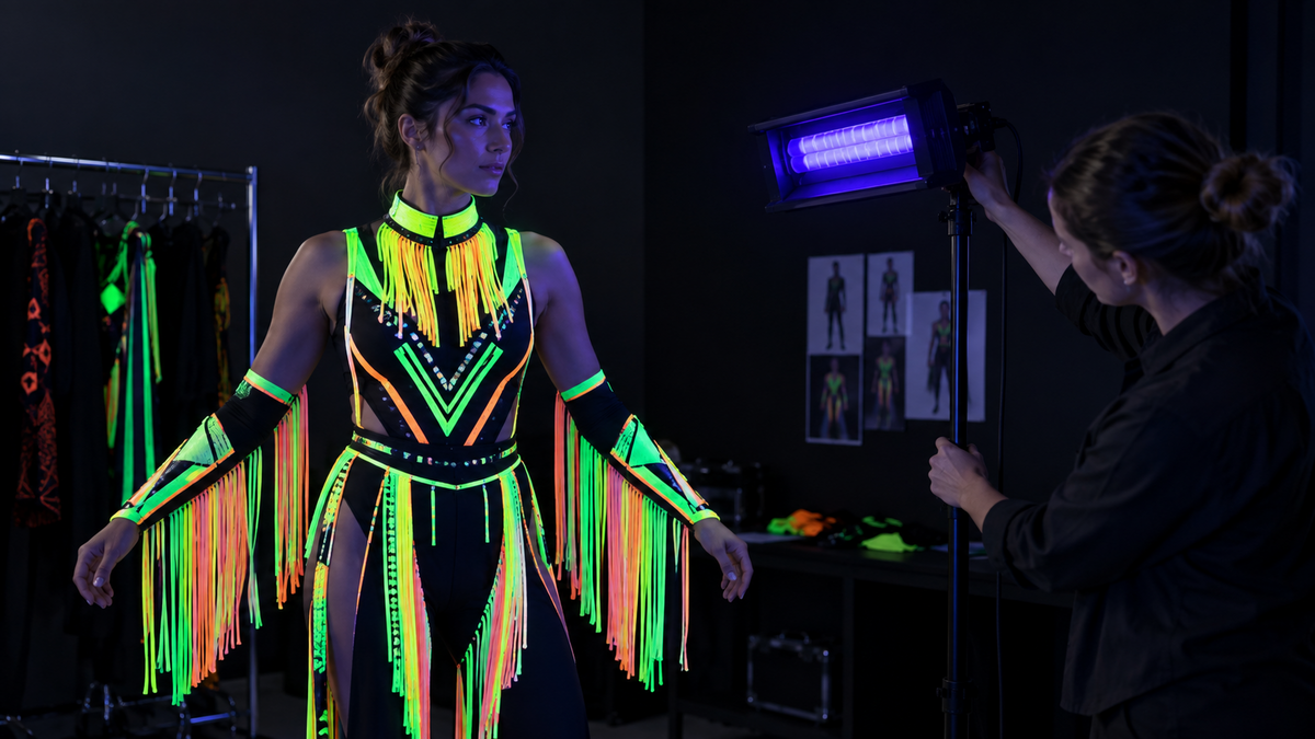 Adulte testant un déguisement fluo sous UV dans un studio avec une source de lumière noire fixée sur pied.