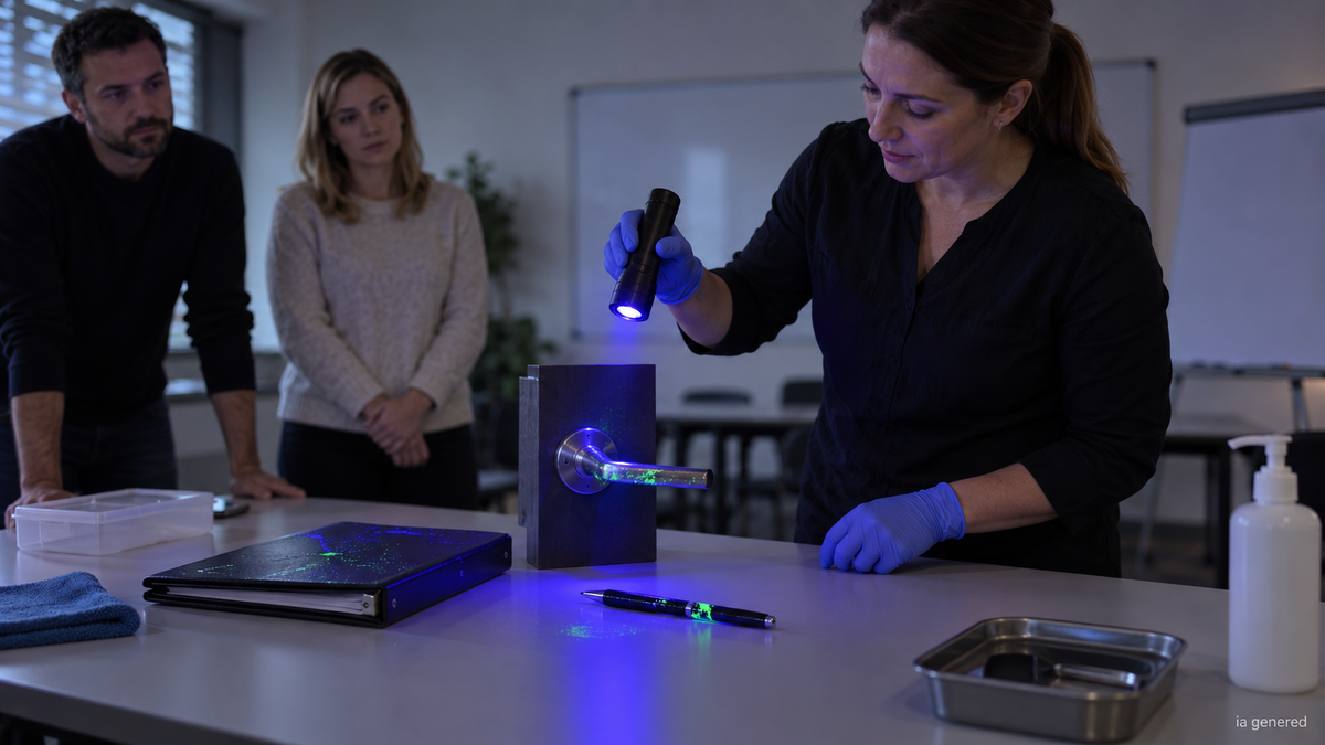 Formatrice gantée révélant sous UV des traces de simulateur sur une poignée, un classeur et un stylo.