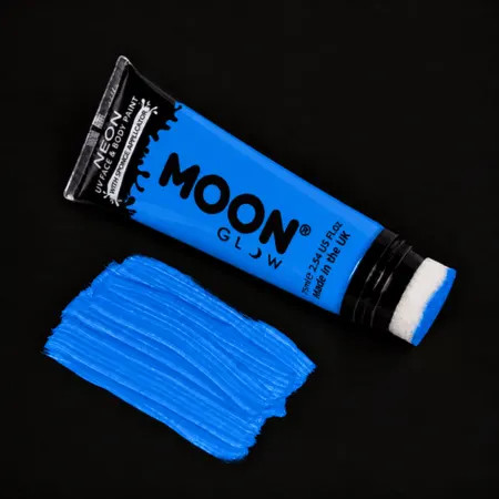 Maquillage fluo bleu Moon Glow 75 ml avec applicateur éponge et trace de couleur à la lumière du jour