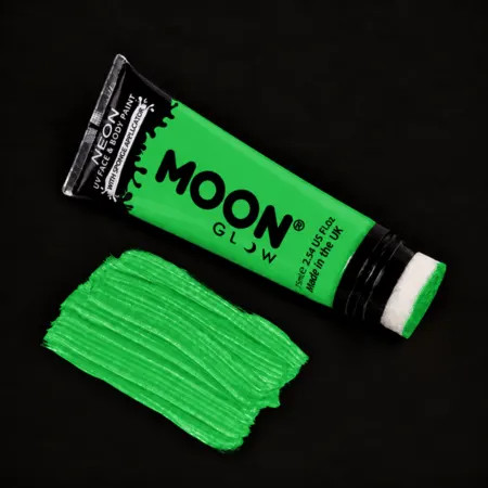 Maquillage fluo vert Moon Glow 75 ml avec applicateur éponge et trace de couleur à la lumière du jour