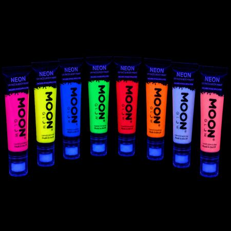 Pack de 8 tubes de maquillage fluo Moon Glow 75 ml avec applicateurs éponge sous lumière noire UV
